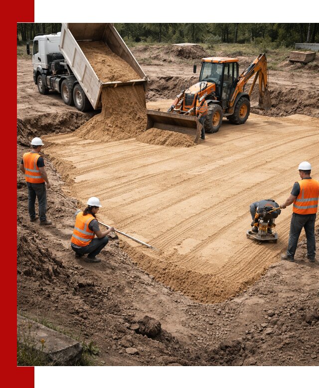 Устройство песчаной подушки для фундаментов и дорог в Сланцах